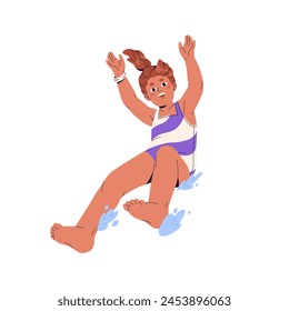 Niño feliz se desliza en el tobogán acuático con las manos arriba y salpicando con agua. Niño excitado jugando en la piscina. Niña en traje de baño se divierte, se regocija. Ilustración vectorial plana aislada sobre blanco