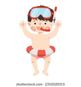 happy kid snorkeling  with swim ring cartoon