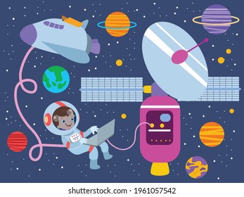 happy kid in space cartoon 2d vector concept for banner, website, illustration, landing page, flyer, etc.