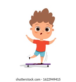 happy kid sport skateboard vector illustration. Young  man skateboarding. Cartoon boy skater riding a skateboard and doing a skateboard trick. Flat design.