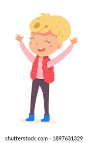 Happy kid standing with arms up. Cute boy having fun and smiling on white background. Entertainment and amusement leisure vector illustration. Childhood with joy in autumn.