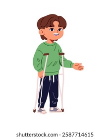 Happy kid stands and leans on crutches. Disabled child with hurt of leg, limb injury. Cute little boy has health problems, physical disease. Flat isolated vector illustration on white background