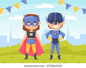 Happy Kid Superhero Wearing Colorful Costume Vector Illustration
