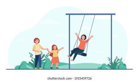 Happy kid swinging on swing. Children having fun on playground in park. Flat vector illustration. Childhood, outdoor activities, vacation concept for banner, website design or landing web page