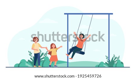 Happy kid swinging on swing. Children having fun on playground in park. Flat vector illustration. Childhood, outdoor activities, vacation concept for banner, website design or landing web page