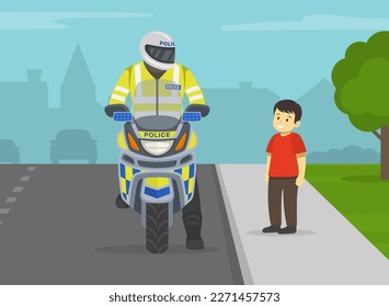 Niño feliz hablando con patrulla de motocicletas. Niño mirando al oficial de policía. Vista frontal. Plantilla de ilustración vectorial plana.