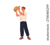 Happy kid with turtle pet in hands. Smiling boy holding exotic animal in arms. Excited child owner with cute wild tropical reptile. Flat vector illustration isolated on white background