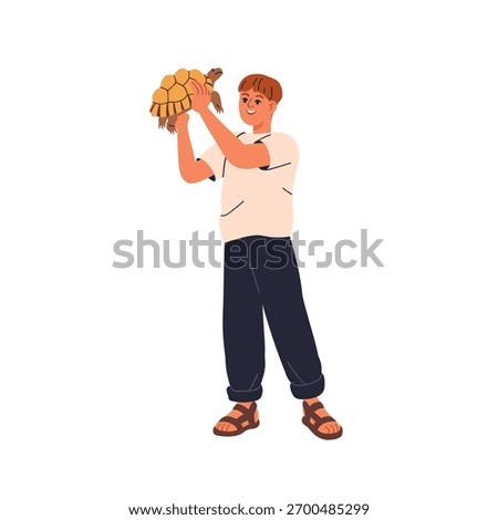 Happy kid with turtle pet in hands. Smiling boy holding exotic animal in arms. Excited child owner with cute wild tropical reptile. Flat vector illustration isolated on white background