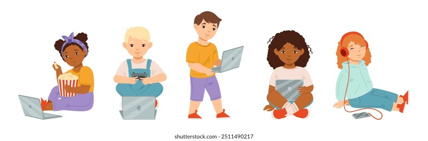Happy Kid Use Laptop and Smartphone Mobile Gadget Vector Set