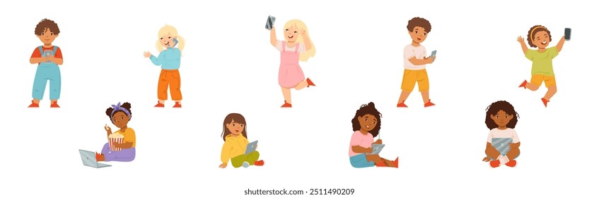 Happy Kid Use Tablet and Smartphone Mobile Gadget Vector Set