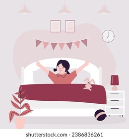 Happy kid waking up. Cute girl stretching on bed in morning. Smiling little child awaking in good mood after healthy sleep at home bedroom. Bedroom interior with furniture. flat vector illustration