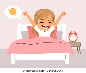 Feliz garoto acordando ilustração vetorial. Menina de desenho animado bonito esticando na cama de manhã. Criança alegre sorridente acordando de bom humor após sono saudável no quarto de casa