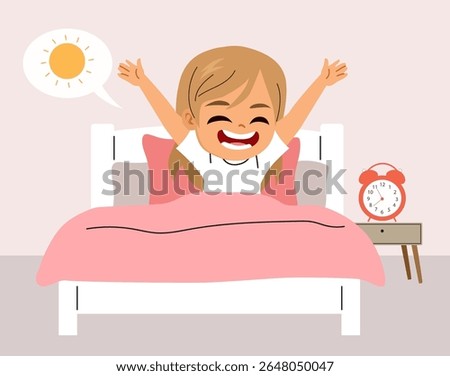 Happy kid waking up vector illustration. Cute cartoon girl stretching on bed in morning. Smiling cheerful child awaking in good mood after healthy sleep at home bedroom