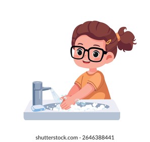 happy kid washing hands for daily personal care cartoon vector illustration