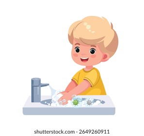 happy kid washing hands for daily personal care cartoon vector illustration	