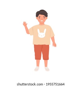 Happy kid waving with hand and saying hello. Hi gesture of smiling child. Portrait of schoolboy or preschooler in t-shirt, shorts and trainers. Flat vector illustration isolated on white background.