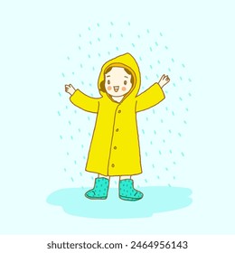 happy kid wear raincoat in raining, hand drawn style vector illustration