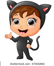 Happy kid wearing cat costume waving hand