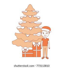happy kid wearing christmas hat with tree and gifts