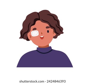 Niño feliz usando parche en el ojo. Niño lindo en cubierta médica, protección de la vista después de lesión, trauma, herida. Niño sonriente durante la recuperación de la vista. Ilustración vectorial plana aislada sobre fondo blanco