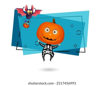 Happy kid wearing monster costume. Bat with cauldron with sweets flying on abstract background. Invitation or advertising design. Halloween concept. Vector illustration for posters or banners.