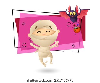 Niño feliz con traje de momia. Murciélago con caldero con dulces volando sobre fondo abstracto. Diseño de invitación o publicidad. Concepto de Halloween. Ilustración vectorial para carteles o Anuncios.