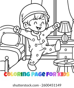 Happy kid wearing pajamas outfit character coloring page outline illustration