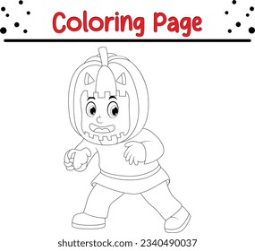 Happy kid wearing scarecrow costume coloring page. Halloween coloring book for kids