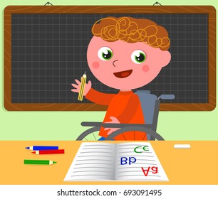 Happy kid in wheelchair in classroom at school, cartoon vector
