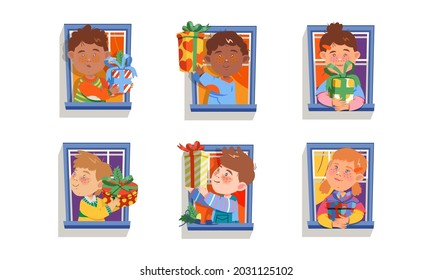 Happy Kid in the Window Giving Wrapped Gift Box Vector Set