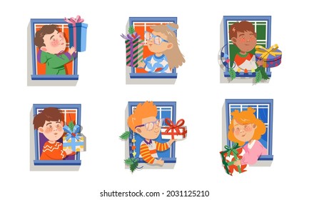 Happy Kid in the Window Giving Wrapped Gift Box Vector Set