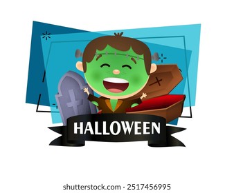 Happy kid in zombie costume inviting to party. Halloween inscription on black ribbon, grave stone and coffin on background. Halloween celebration concept. Vector illustration for poster or banner