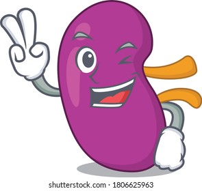 Happy kidney cartoon design concept show two fingers