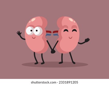 
Happy Kidneys Holding Hands Vector Cartoon Characters. Cheerful internal organs having perfect health and function
