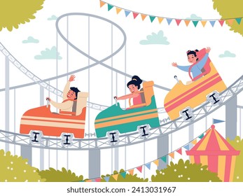 Happy kids in amusement park. Smiling children have fun on roller coaster, cute little boys and girls on ride. Attraction cars. Splendid cartoon isolated illustration, vector entertainment concept