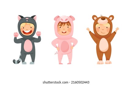 Happy kids animal in costumes set. Adorable children wearing as cat, pig and bear cartoon vector illustration