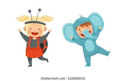 Happy kids animal in costumes set. Adorable children wearing as ladybug and elephant cartoon vector illustration