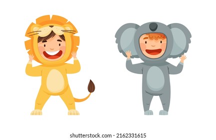Happy kids animal in costumes set. Adorable children wearing as lion and koala cartoon vector illustration