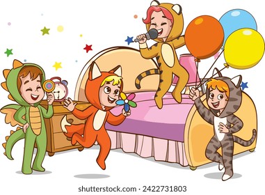 Happy kids animal in costumes set. Adorable children wearing  cartoon vector illustration