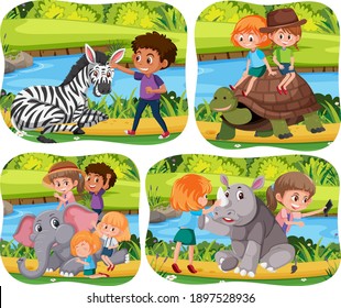 Niños felices con animales en la ilustración de fondo de la naturaleza