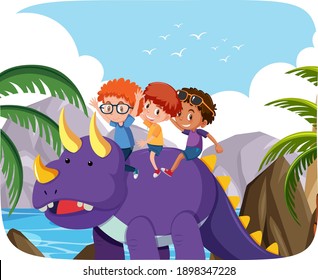 Happy kids with animals in nature background illustration