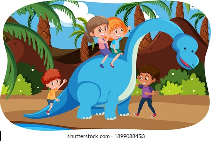 Happy kids with animals in nature background illustration