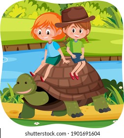 Happy kids with animals in nature background illustration