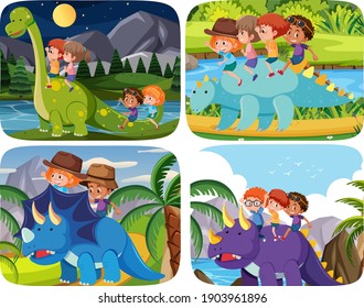 Happy kids with animals in nature background illustration