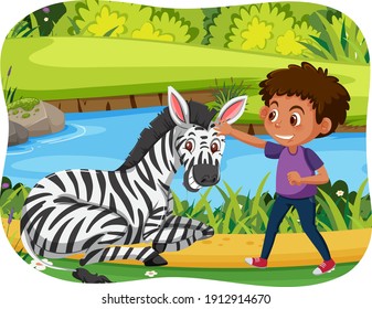 Happy kids with animals in nature background illustration