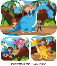 Happy kids with animals in nature background illustration