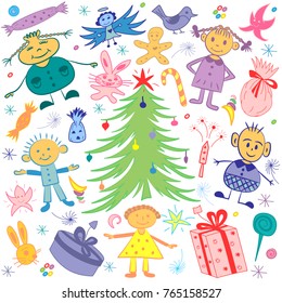 Happy Kids Around Fir Tree with Gifts and Candies. Colorful Funny Children's Drawings of Winter Holiday's Symbols. Vector Illustration.