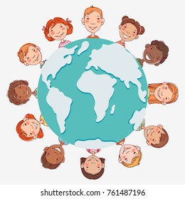 Happy kids around the world. Cute boys and girls having fun. Cartoon outline style