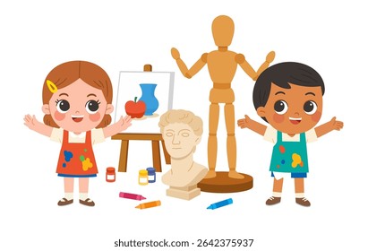 Happy Kids in Art Class Drawing and Painting with Art Supplies. Children Painting and Drawing in Art Class. Kids Art Creativity,  Education Concept.