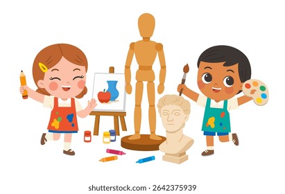 Happy Kids in Art Class Drawing and Painting with Art Supplies. Children Painting and Drawing in Art Class. Kids Art Creativity,  Education Concept.